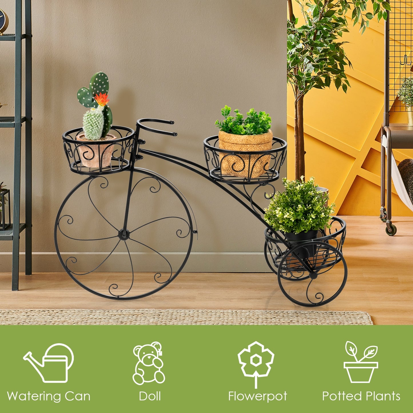 Tricycle Plant Stand Flower Pot Cart Holder in Parisian Style, Black Plant Stands at Gallery Canada