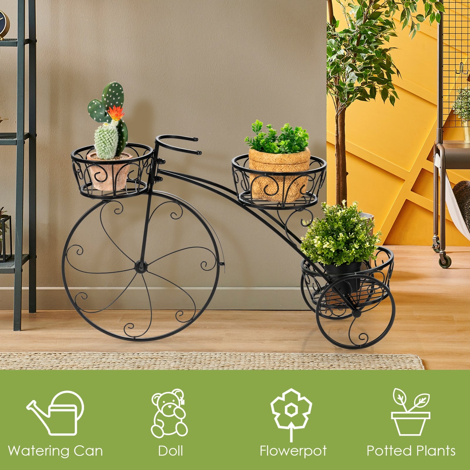 Tricycle Plant Stand Flower Pot Cart Holder in Parisian Style, Black Plant Stands at Gallery Canada