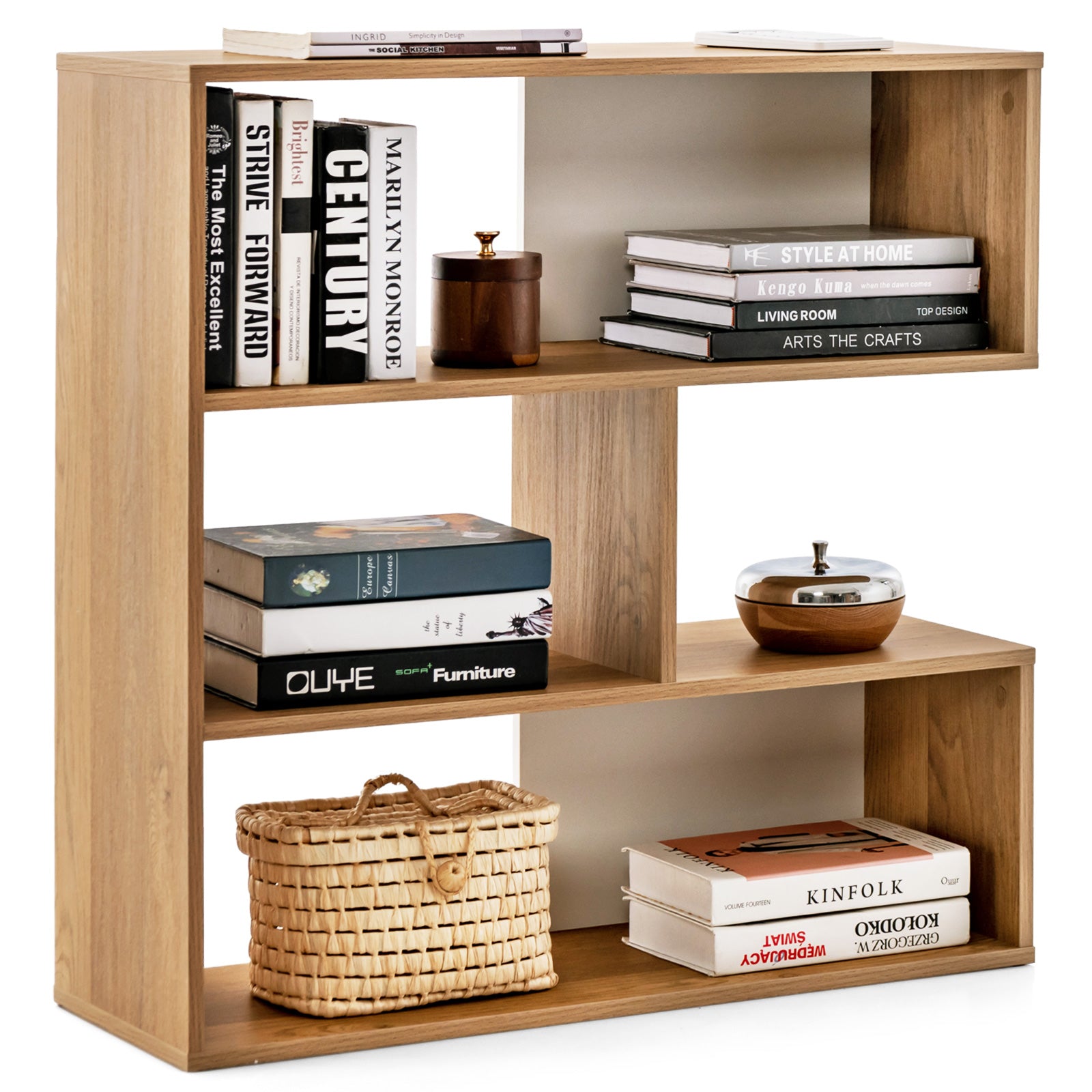 Concave Bookshelf 3-Shelf Open Bookcase with Anti-Toppling Device for Living Room Study Office, Natural Bookcases at Gallery Canada