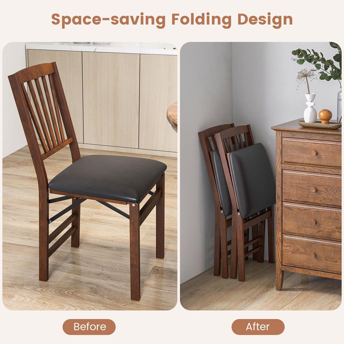 Set Of 2 Folding Chairs, Padded Seat, Rubber Wood Frame, Brown Dining Chairs at Gallery Canada