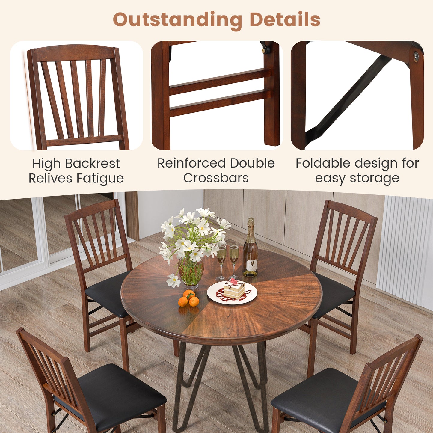 Set Of 2 Folding Chairs, Padded Seat, Rubber Wood Frame, Brown Dining Chairs at Gallery Canada