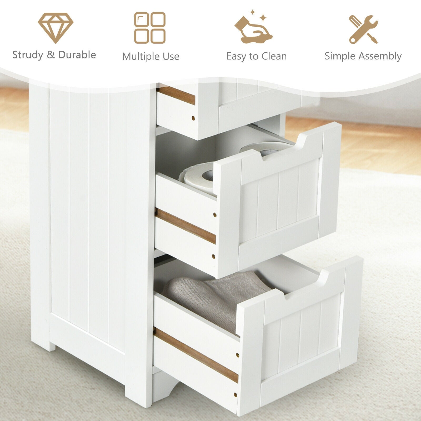 Free-Standing Side Storage Organizer with 4 Drawers, White Floor Cabinets at Gallery Canada