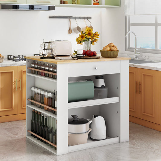 Modern Kitchen Island with Rubber Wood Countertop and Storage, White - Gallery Canada