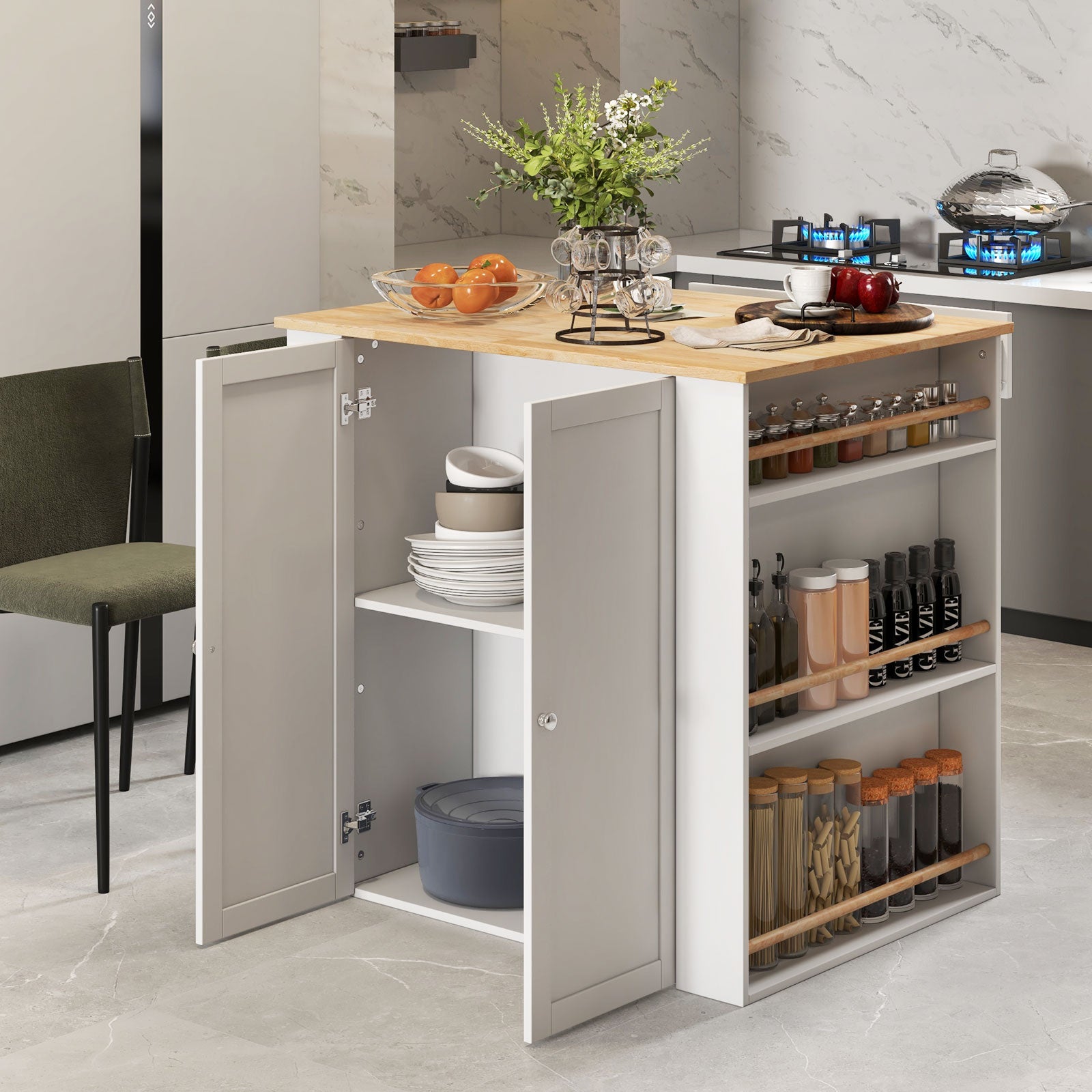 Modern Kitchen Island with Rubber Wood Countertop and Storage, White Kitchen Islands & Carts at Gallery Canada