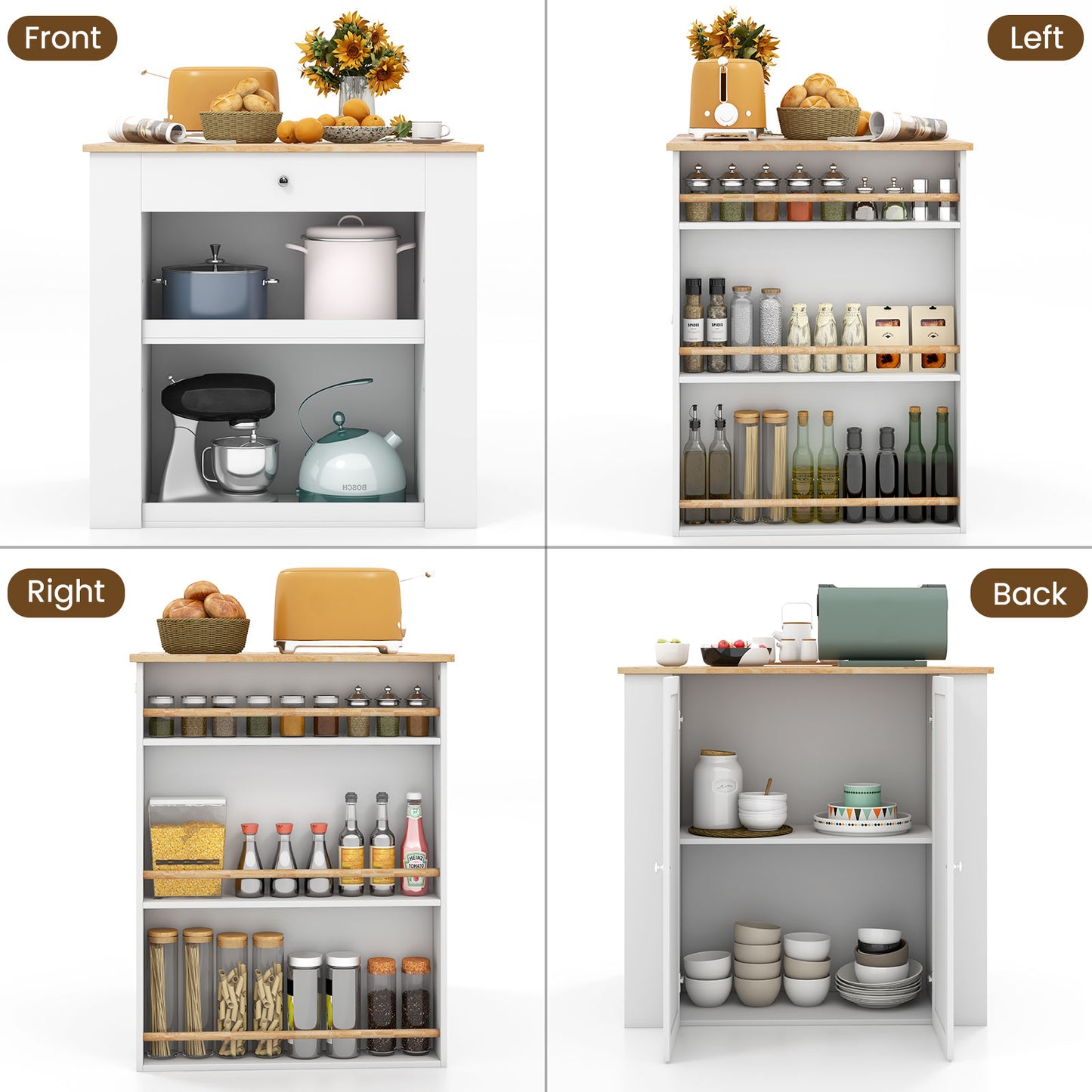 Modern Kitchen Island with Rubber Wood Countertop and Storage, White Kitchen Islands & Carts at Gallery Canada