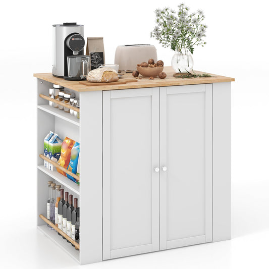Modern Kitchen Island with Rubber Wood Countertop and Storage, White - Gallery Canada