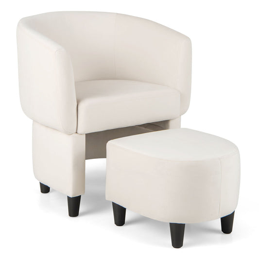 Upholstered Velvet Barrel Chair with Ottoman, Beige - Gallery Canada