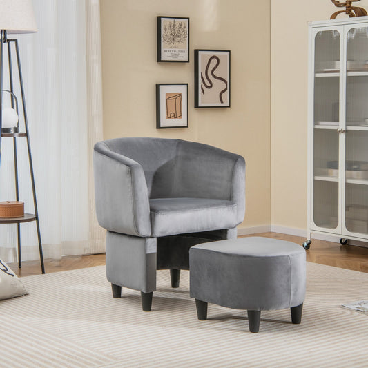 Upholstered Velvet Barrel Chair with Ottoman-Grey, Gray - Gallery Canada