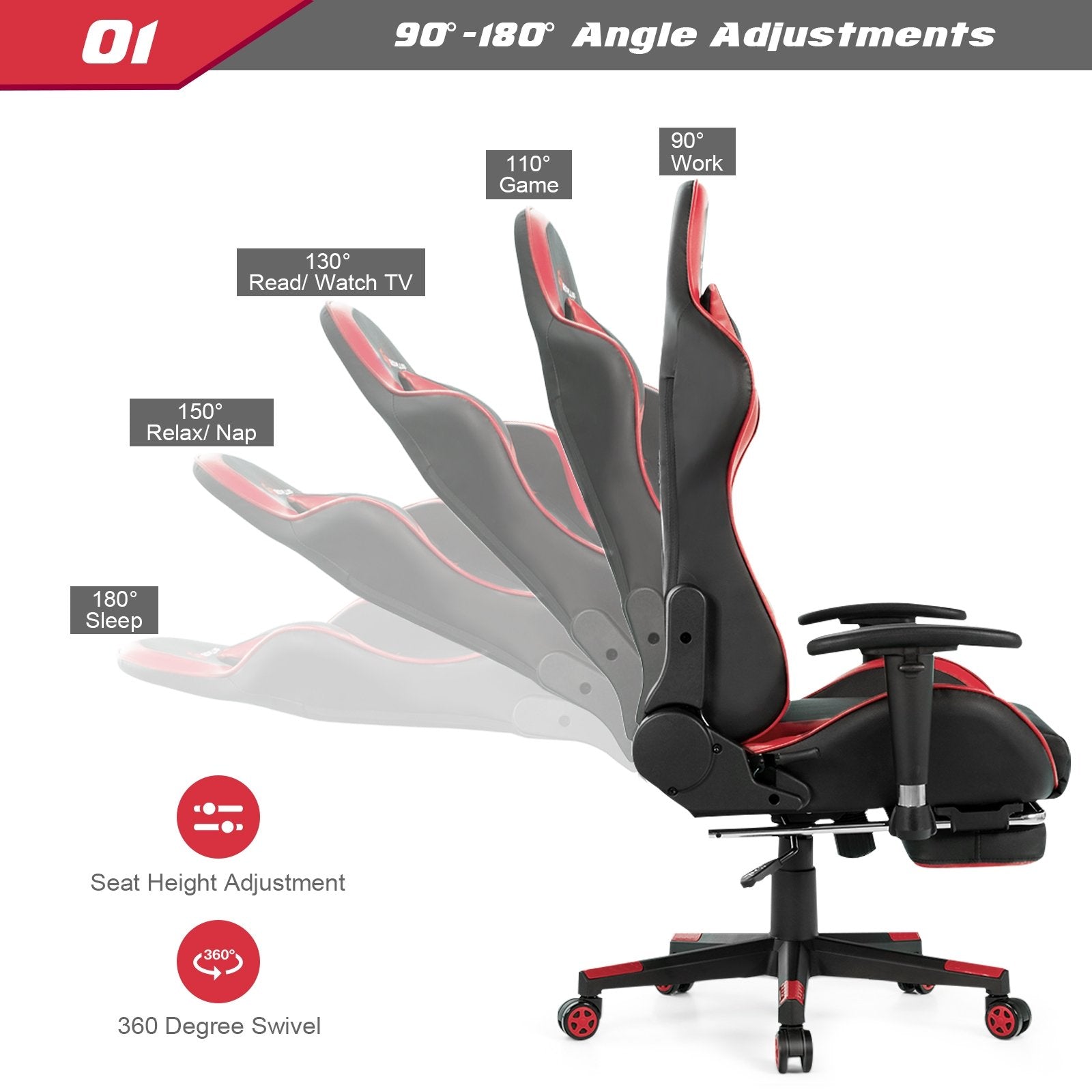 Massage Gaming Chair with Footrest, Red - Gallery Canada