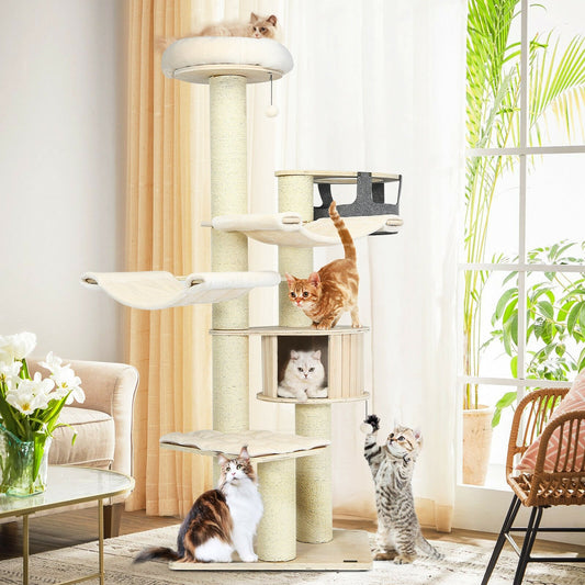 77.5-Inch Cat Tree Condo Multi-Level Kitten Activity Tower with Sisal Posts-Cream White, Beige - Gallery Canada
