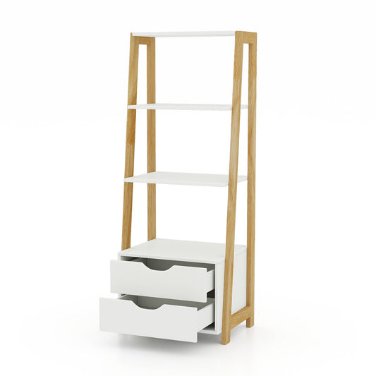 4-Tier Ladder Bookshelf Storage Display with 2 Drawers, White