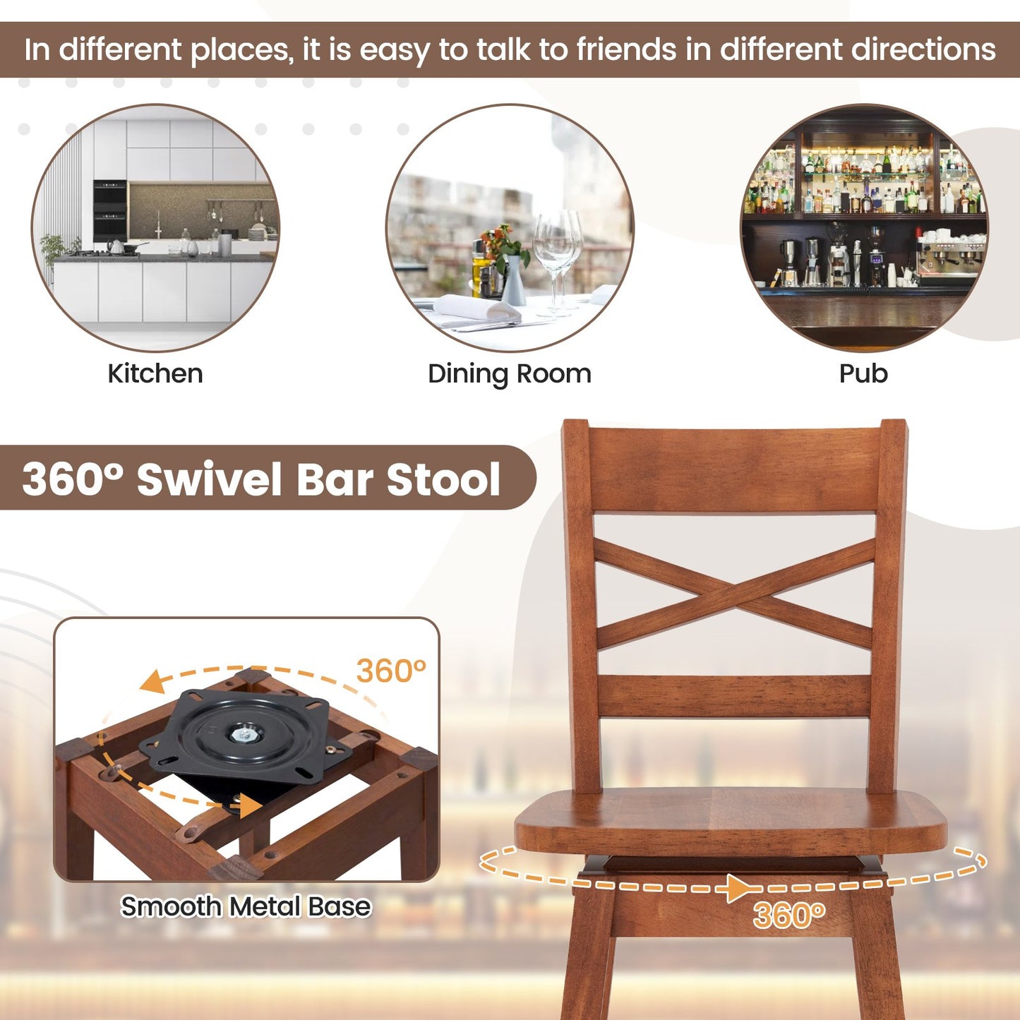 Swivel 30-Inch Bar Height Stool Set of 2 with Footrest, Walnut