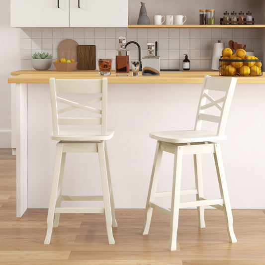 24-Inch Counter Height Swivel Stool Set, Inclined Backrest, Cream White