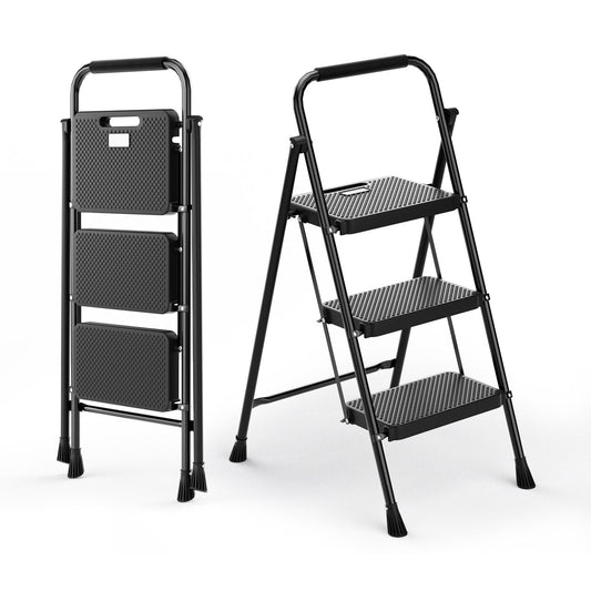 Portable Folding 3 Step Ladder with Wide Anti-Slip Pedal and Convenient Handle, Black at Gallery Canada