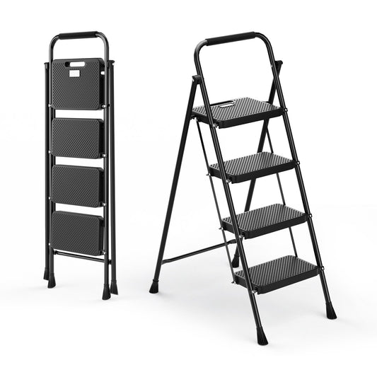 Portable Folding 4 Step Ladder Stool for Adults with Wide Anti-Slip Pedal, Black - Gallery Canada