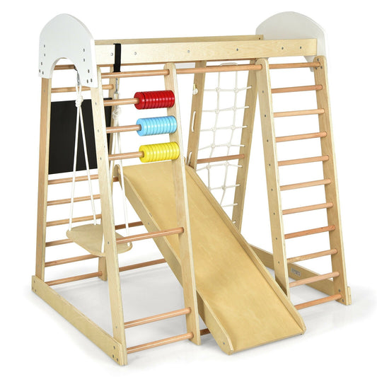 Indoor Playground Climbing Gym Wooden 8-in-1 Climber Playset for Children, Natural - Gallery Canada
