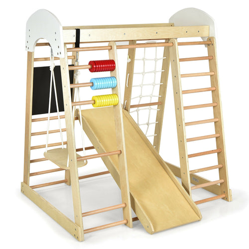 Indoor Playground Climbing Gym, Wooden 8-in-1 Climber Playset, Natural