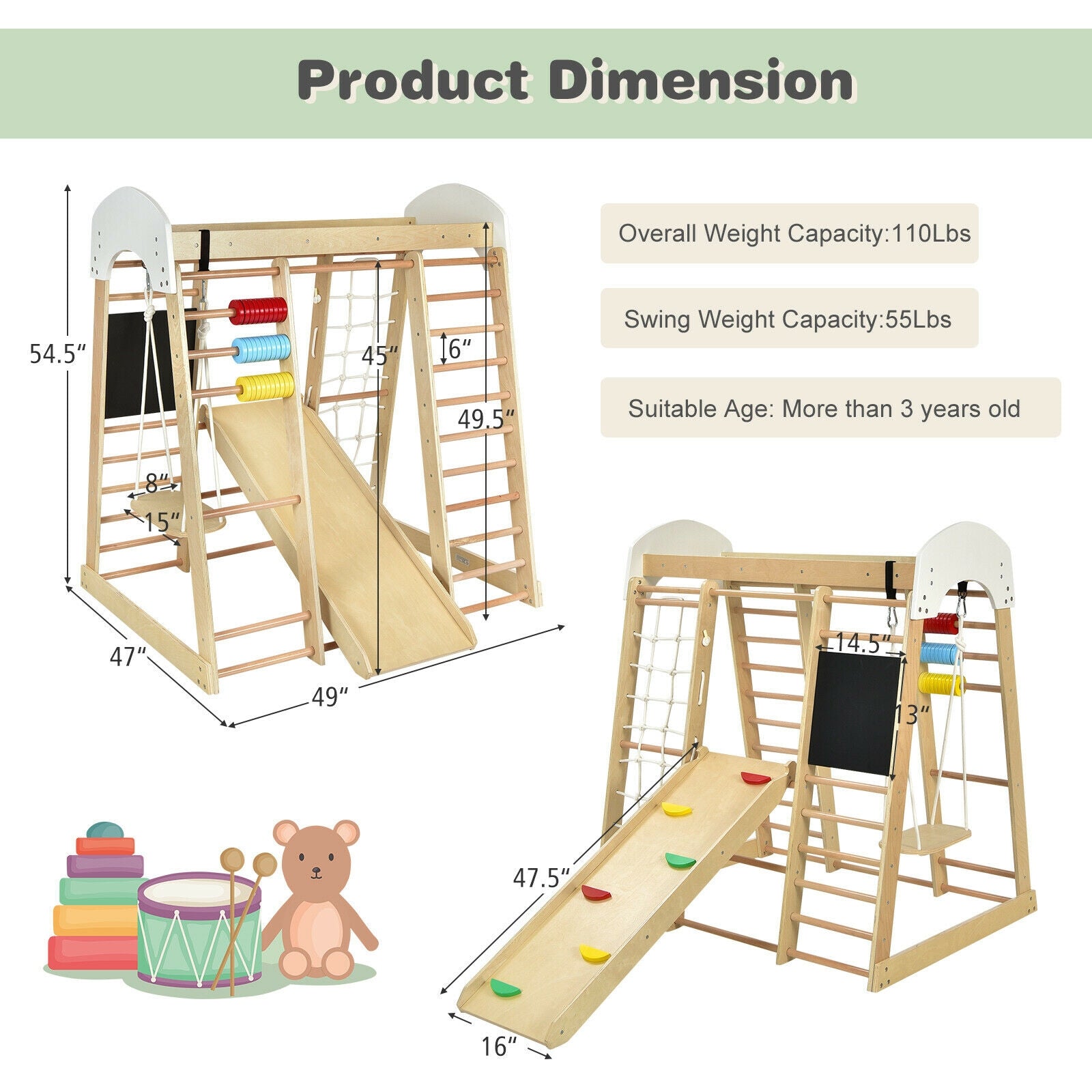 Indoor Playground Climbing Gym Wooden 8-in-1 Climber Playset for Children, Natural Climbers & Slides at Gallery Canada