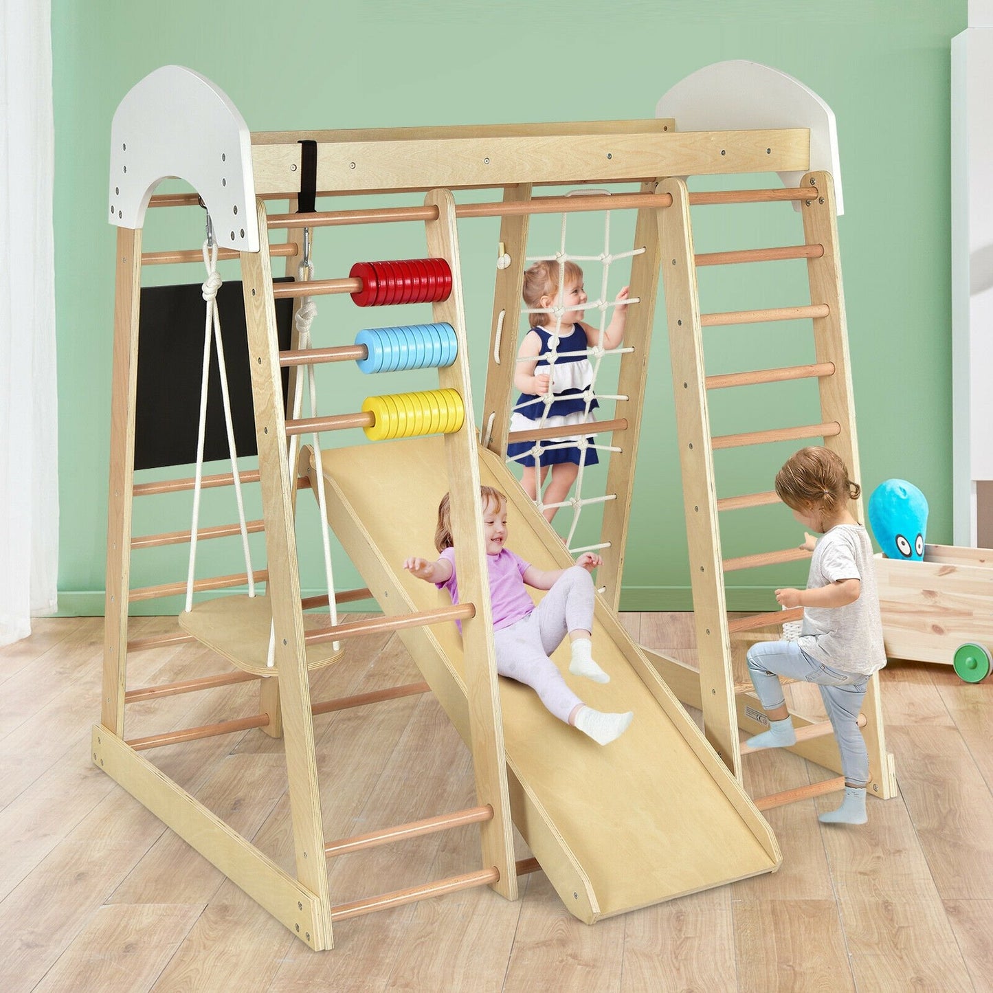 Indoor Playground Climbing Gym Wooden 8-in-1 Climber Playset for Children, Natural - Gallery Canada