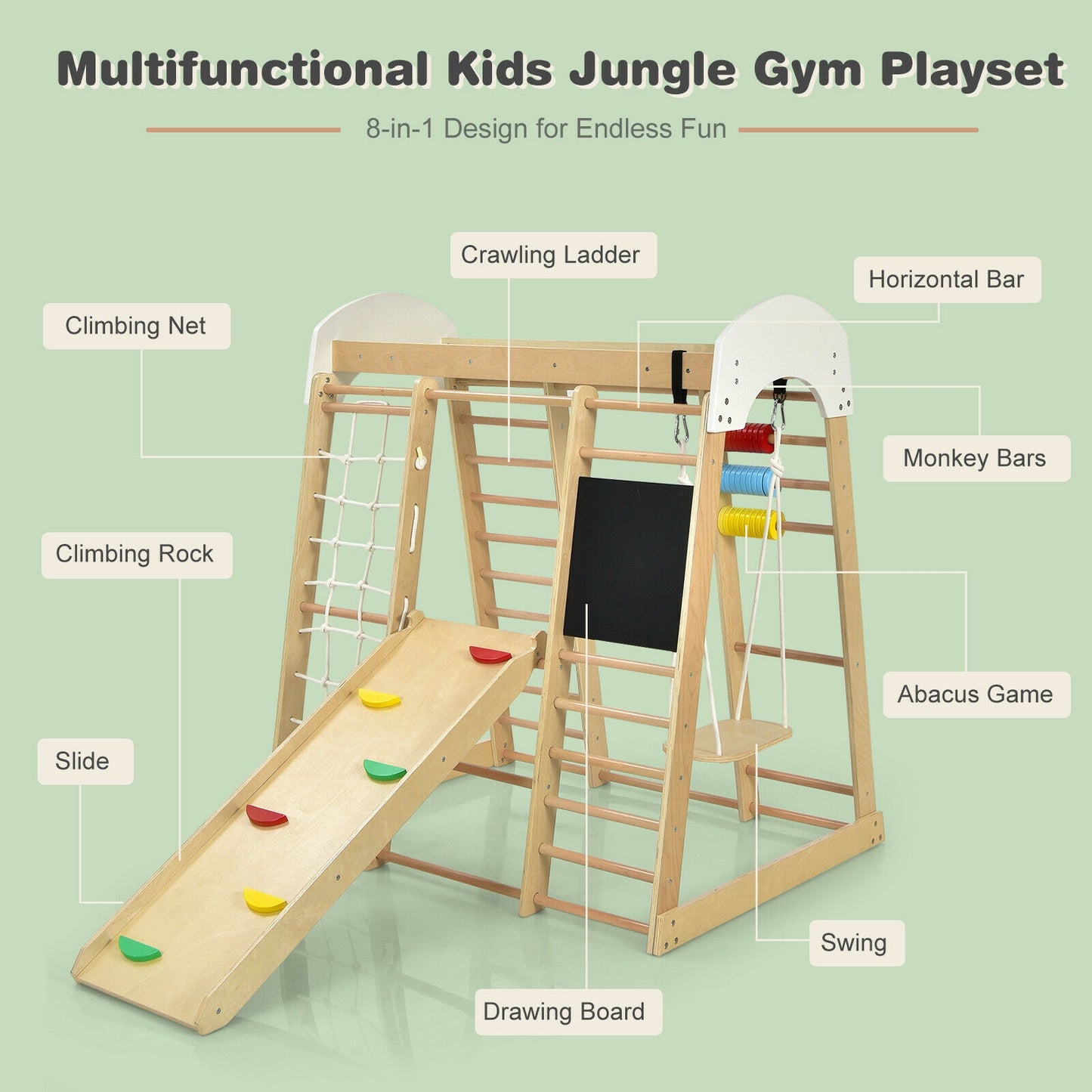 Indoor Playground Climbing Gym Wooden 8-in-1 Climber Playset for Children, Natural Climbers & Slides at Gallery Canada