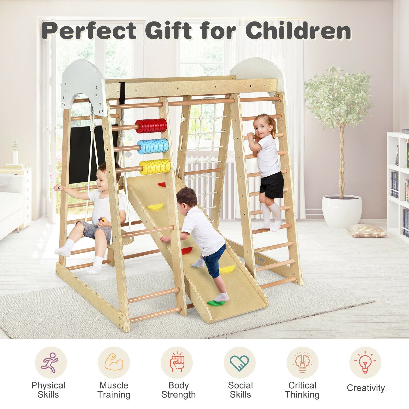 Indoor Playground Climbing Gym Wooden 8-in-1 Climber Playset for Children, Natural Climbers & Slides at Gallery Canada