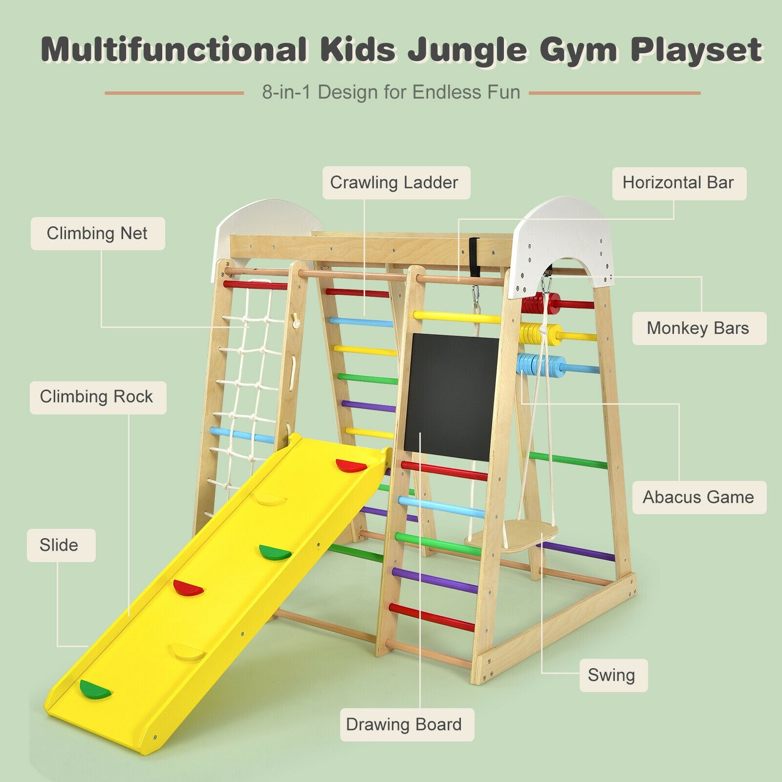 Indoor Playground Climbing Gym Wooden 8-in-1 Climber Playset for Children, Multicolor Climbers & Slides at Gallery Canada