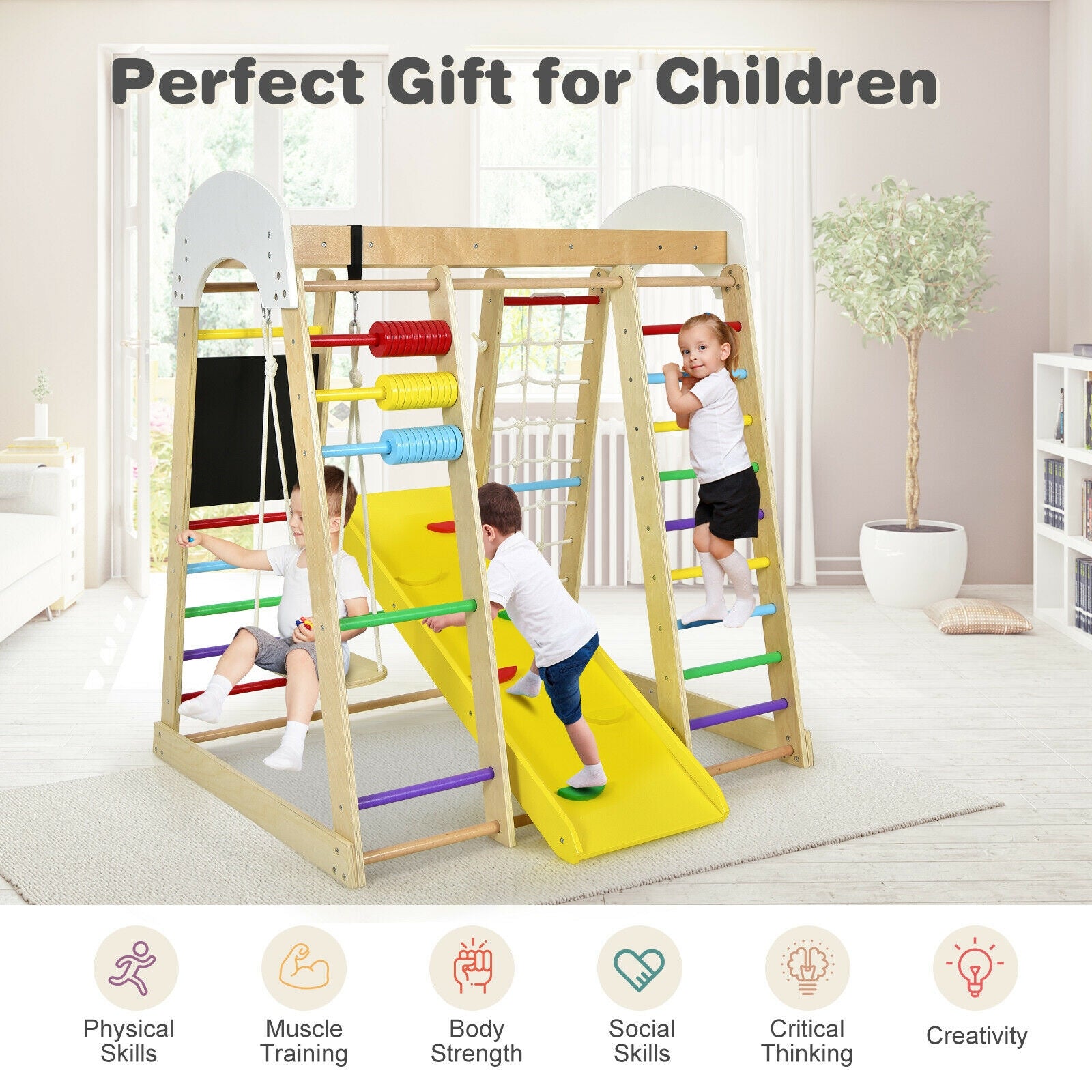 Indoor Playground Climbing Gym Wooden 8-in-1 Climber Playset for Children, Multicolor Climbers & Slides at Gallery Canada