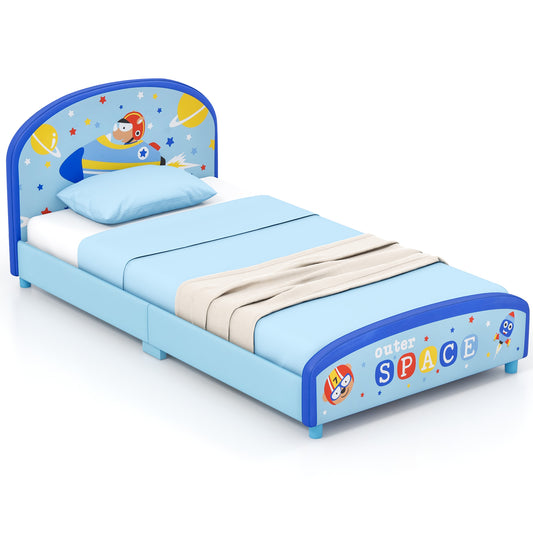 Wood Upholstered Twin Bed Platform with Slat Support, Blue Toddler Beds Blue at Gallery Canada