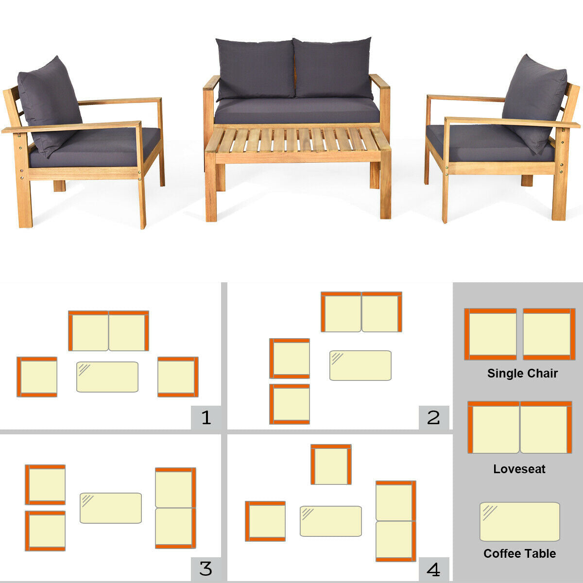 4 Piece Outdoor Acacia Wood Chat Set, Removable Cushions, Gray Patio Conversation Sets at Gallery Canada