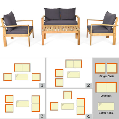 4 Piece Outdoor Acacia Wood Chat Set, Removable Cushions, Gray Patio Conversation Sets at Gallery Canada
