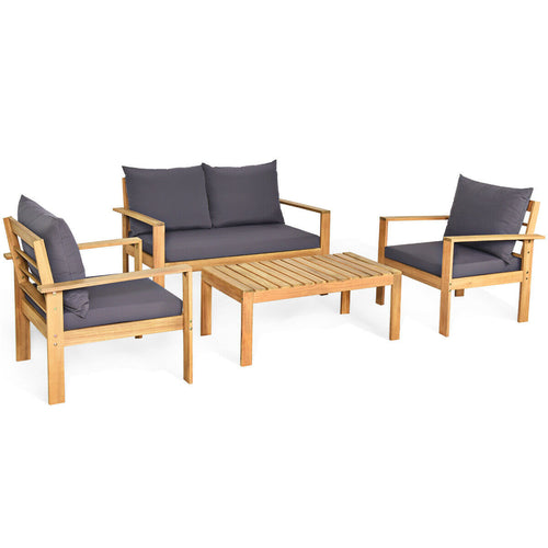 4 Piece Outdoor Acacia Wood Chat Set, Removable Cushions, Gray