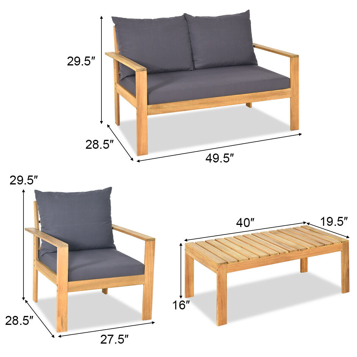 4 Piece Outdoor Acacia Wood Chat Set, Removable Cushions, Gray Patio Conversation Sets at Gallery Canada