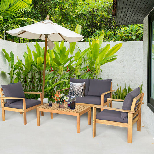 4 Piece Outdoor Acacia Wood Chat Set, Removable Cushions, Gray Patio Conversation Sets Gray at Gallery Canada
