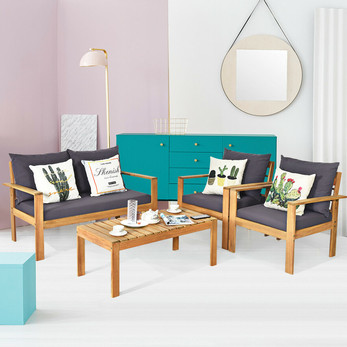 4 Piece Outdoor Acacia Wood Chat Set, Removable Cushions, Gray Patio Conversation Sets at Gallery Canada