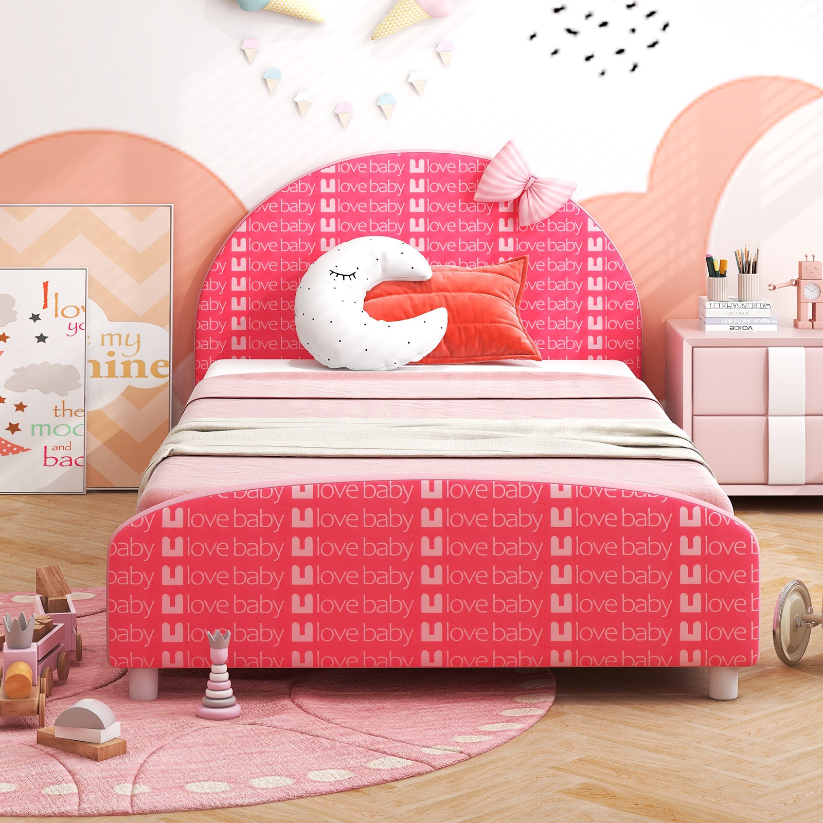 Wood Upholstered Twin Bed Platform with Slat Support, Pink Toddler Beds at Gallery Canada