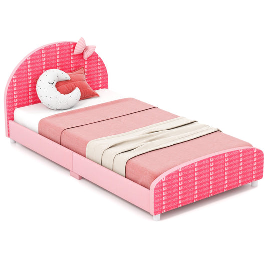 Wood Upholstered Twin Bed Platform with Slat Support, Pink