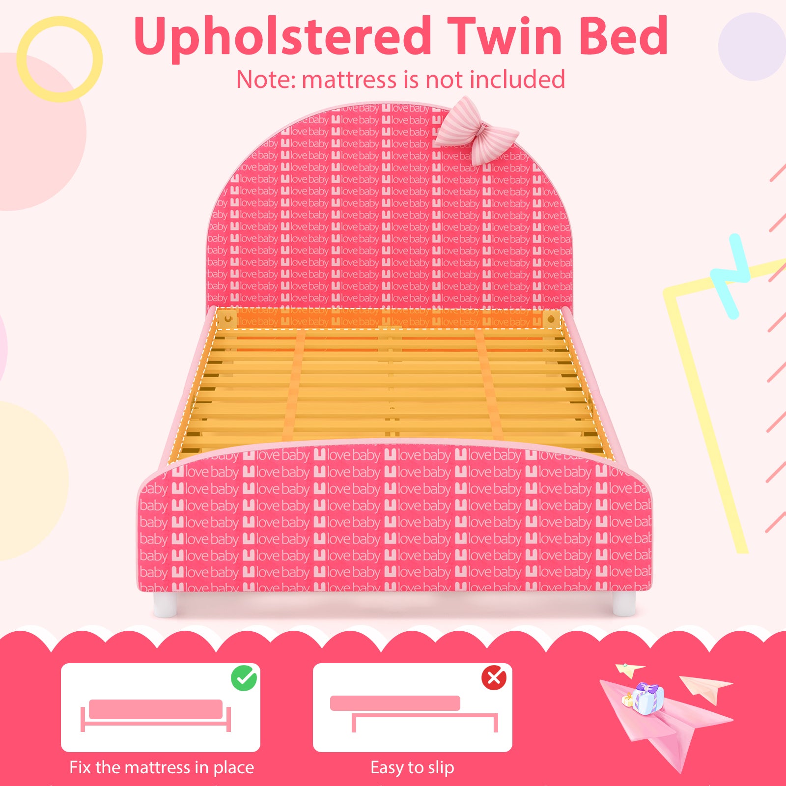 Wood Upholstered Twin Bed Platform with Slat Support, Pink Toddler Beds at Gallery Canada