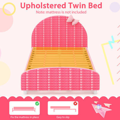 Wood Upholstered Twin Bed Platform with Slat Support, Pink Toddler Beds at Gallery Canada