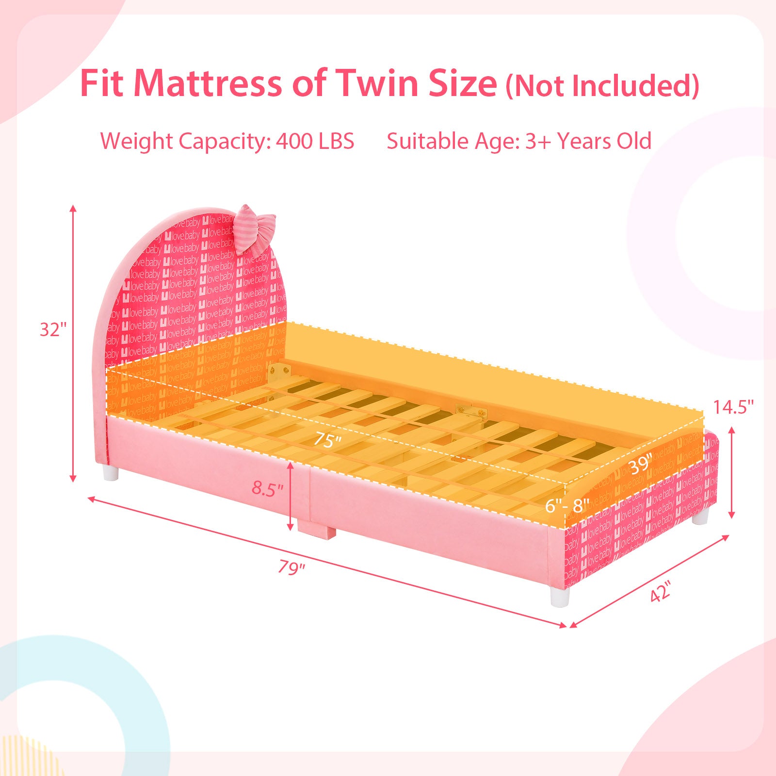 Wood Upholstered Twin Bed Platform with Slat Support, Pink Toddler Beds at Gallery Canada