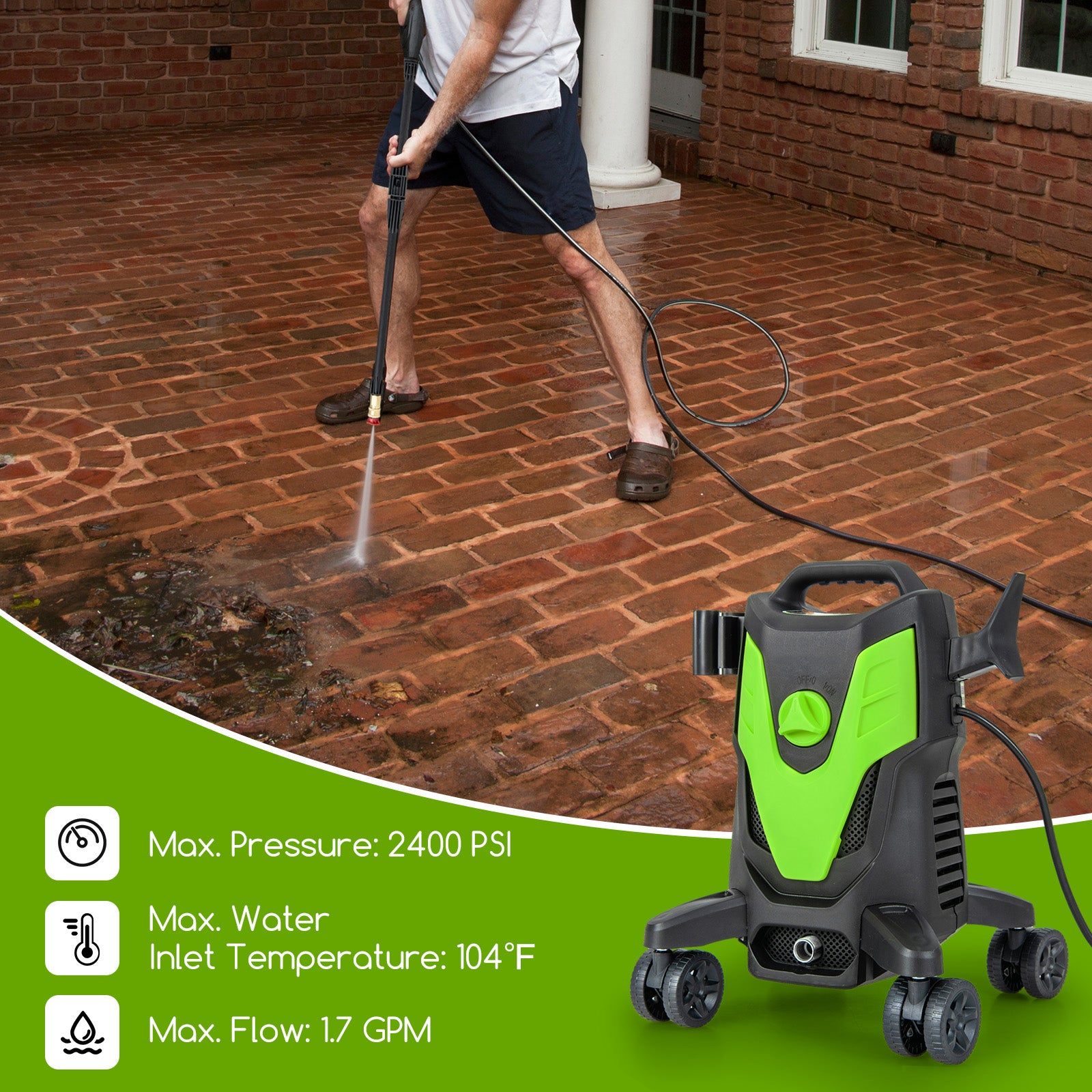 2400 PSI Electric Pressure Washer with 4 Universal Wheels, Green Vacuums & Cleaners at Gallery Canada