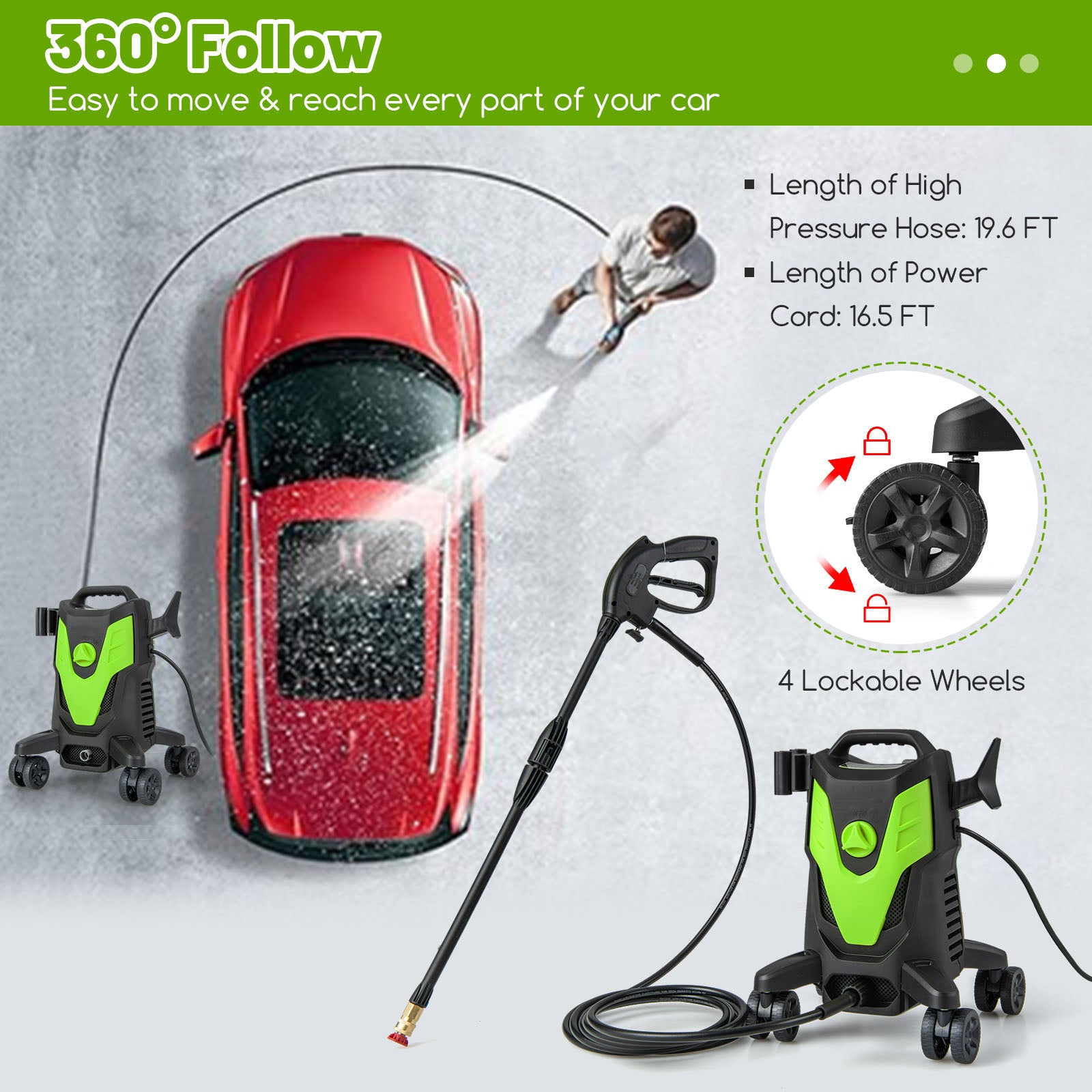 2400 PSI Electric Pressure Washer with 4 Universal Wheels, Green Vacuums & Cleaners at Gallery Canada