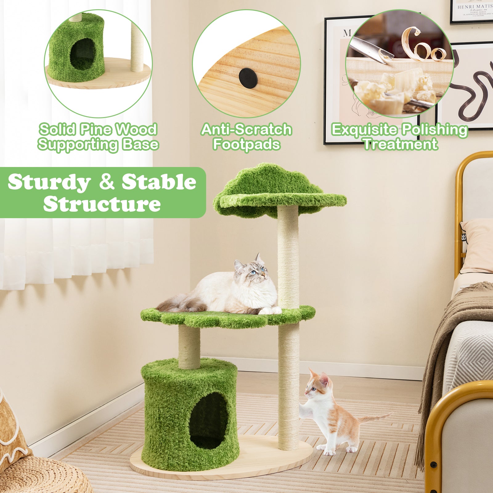 38 Inch Cute Cat Tree for Indoor Cats with Fully Wrapped Sisal Scratching Posts, Green Cat Trees Condos & Scratchers at Gallery Canada