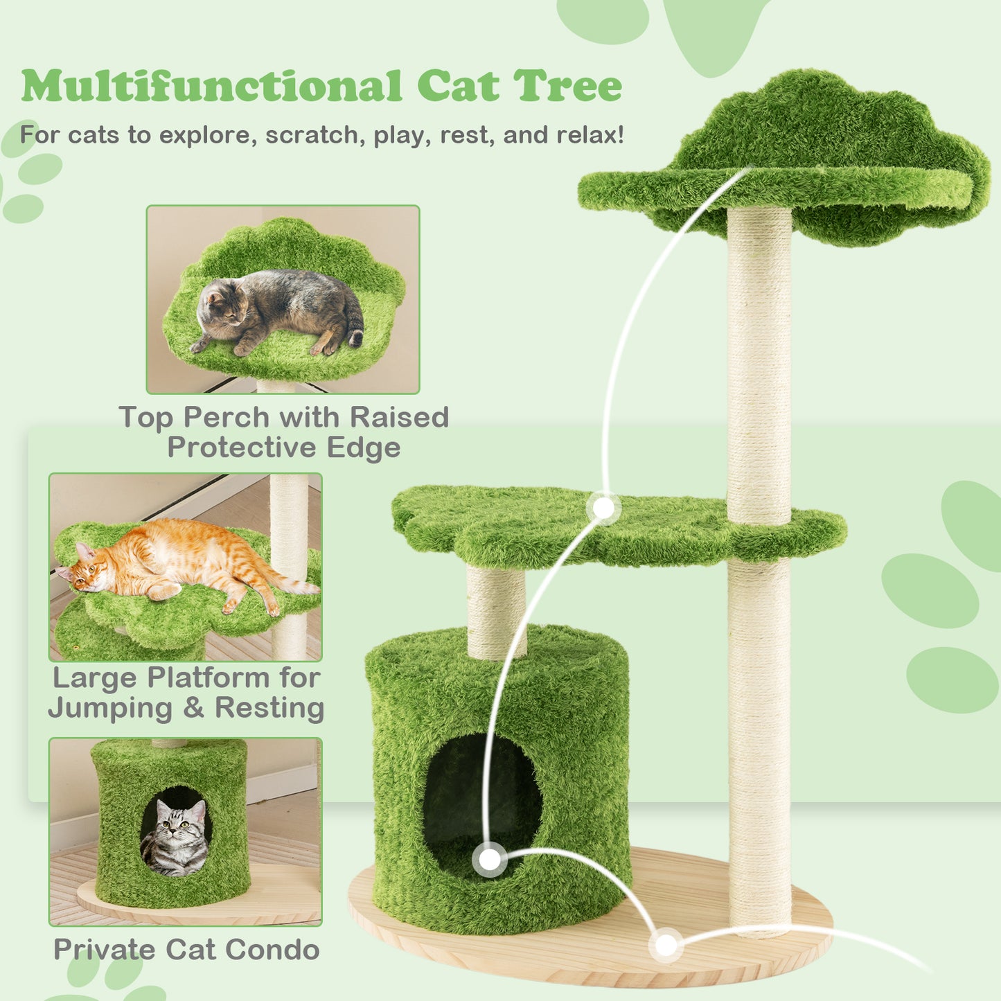 38 Inch Cute Cat Tree for Indoor Cats with Fully Wrapped Sisal Scratching Posts, Green Cat Trees Condos & Scratchers at Gallery Canada