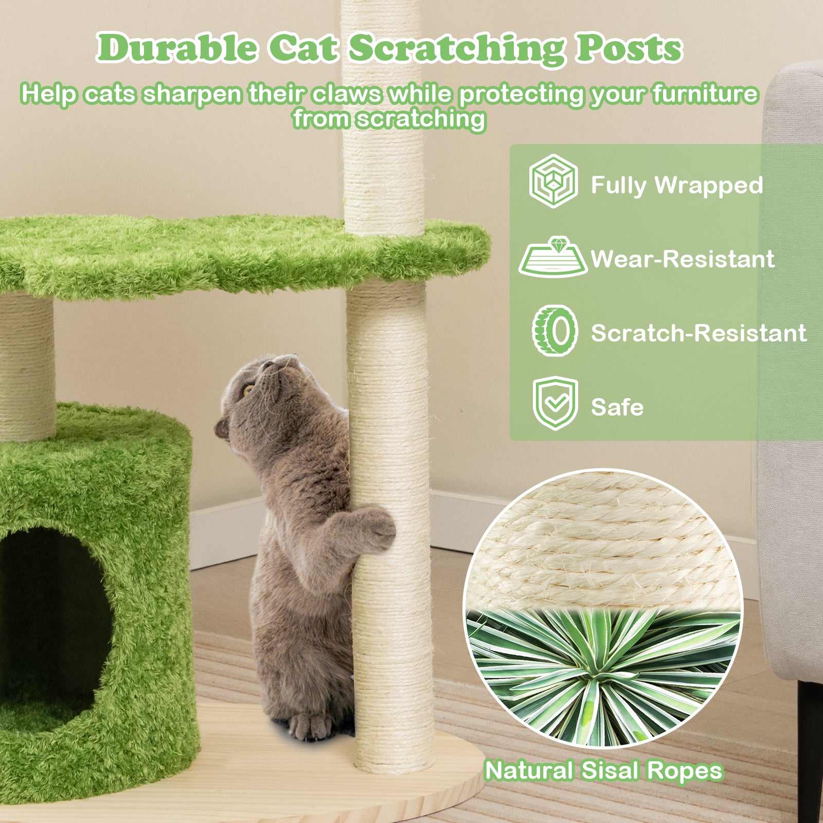 38 Inch Cute Cat Tree for Indoor Cats with Fully Wrapped Sisal Scratching Posts, Green Cat Trees Condos & Scratchers at Gallery Canada