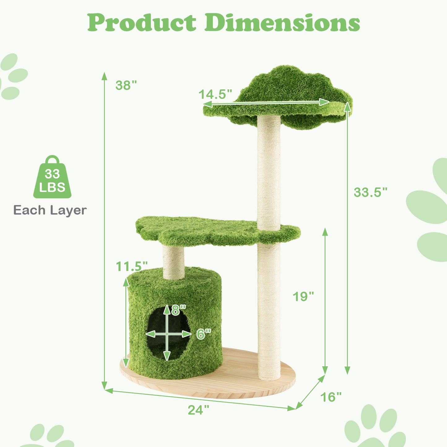 38 Inch Cute Cat Tree for Indoor Cats with Fully Wrapped Sisal Scratching Posts, Green Cat Trees Condos & Scratchers at Gallery Canada