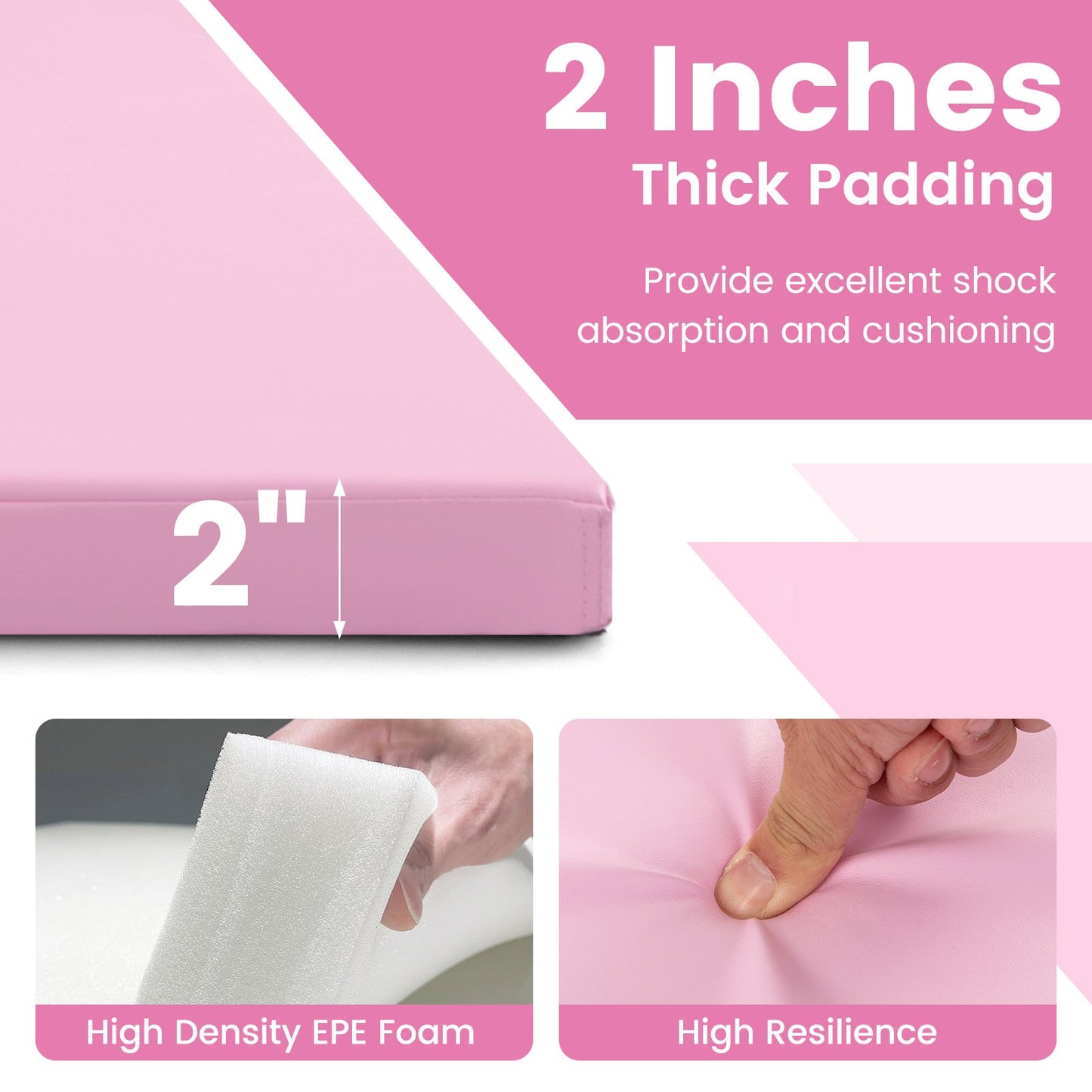 4-Panel PU Leather Folding Exercise Mat with Carrying Handles, Pink