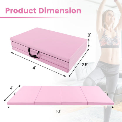 4-Panel PU Leather Folding Exercise Mat with Carrying Handles, Pink