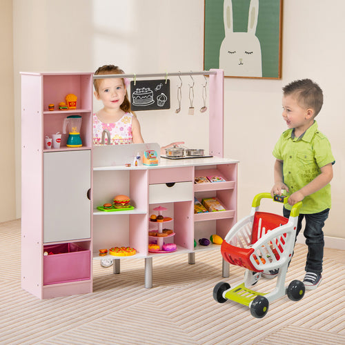 2-in-1 Double-sided Kids Kitchen and Market with Realistic Light and Sound, Pink