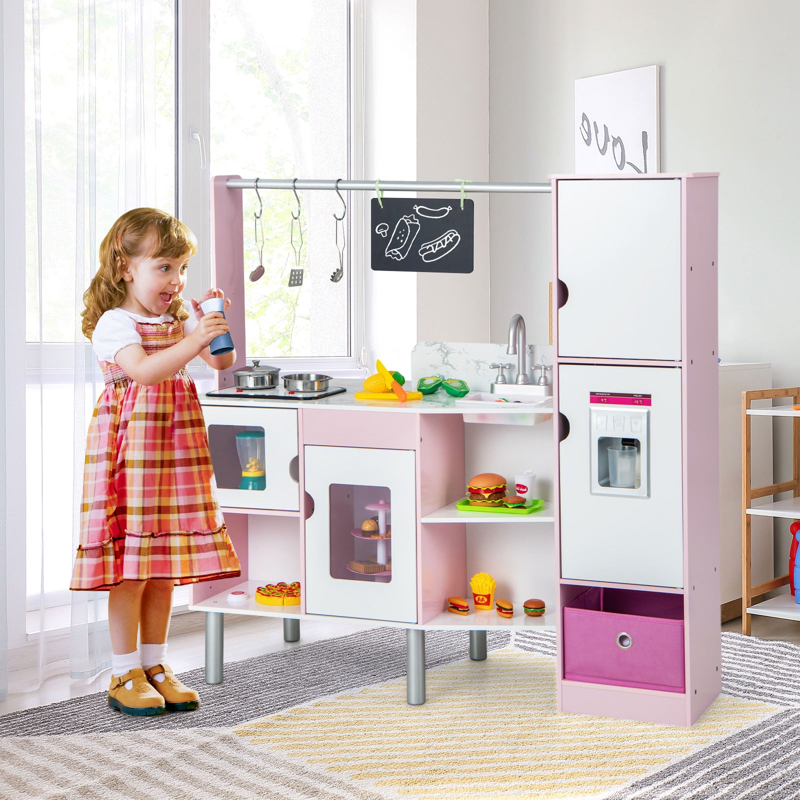 2-in-1 Double-sided Kids Kitchen and Market with Realistic Light and Sound, Pink Play Kitchen Sets at Gallery Canada
