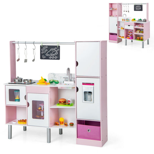 2-in-1 Double-sided Kids Kitchen and Market with Realistic Light and Sound, Pink